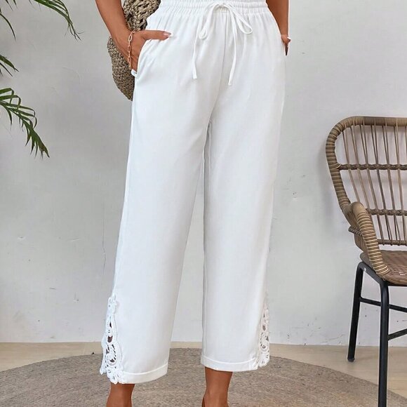 White Boho Women's Patchwork Elastic Waist Slant Pocket Straight Leg Pants - Picture 7 of 7